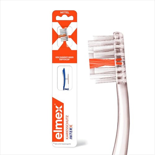 elmex Zahnbürste Kariesschutz InterX Mittel, 1 Stück – X-Borsten für eine besonders gründliche Zahnreinigung – mit Kurzkopf für schwer erreichbare Backenzähne