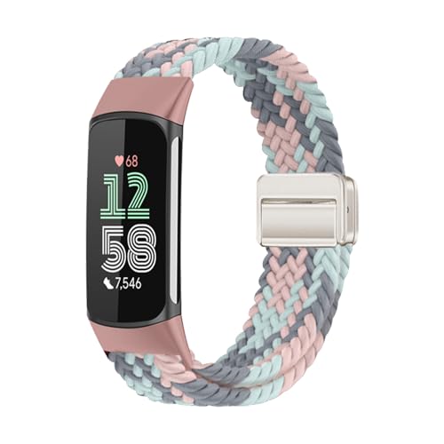 MokaZii Nylon Armband für Fitbit Charge 6 / Charge 5, Geflochtenes Magnetisch Ersatzarmband, Stoff Elastisch Sport Herren Damen Uhrenarmband für Fitbit Charge 6 / Charge 5 - Grau-Blau-Rosa