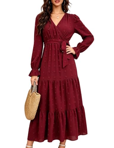 HUXRAKV Damen Boho Maxikleid Elegante Wickelkleid Herbst, Weinrot,S