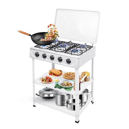 HeinaTond 5 Flammiger Gaskocher Freistehender Campingofen Gasherd Gaskochfeld 5 Brenner für Camping Outdoor Gaskocher Tragbarer Gasherd für Wohnmobil mit Ablageflächen (Weiß, Fünf-Gitter)