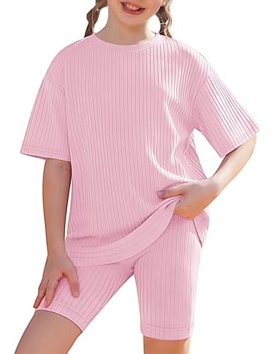 Arshiner Mädchen Tshirt mit Shorts Set Sommer Kinder Kleidung Zweiteiler Rippenstrick T-shirt mit überschnittenen Schultern und Radlerhose Outfit für Mädchen11-12 Jahren