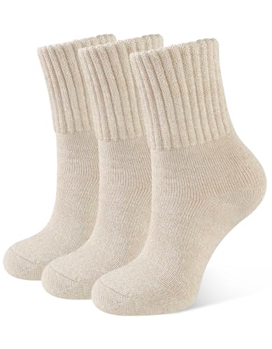 CLOSEMATE Thermosocken Damen Socken 3 Paar Wintersocken Warme Dicke Gestrickte Stricksocken Gekämmte Baumwollsocken Haussocken 35-38 39-42 3Hellbraun