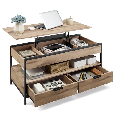 VASAGLE Couchtisch, höhenverstellbarer Wohnzimmertisch, Kaffeetisch, mit Schubladen, offenes Fach, 50 x 100 cm, Kamelbraun-tintenschwarz LCT209K02