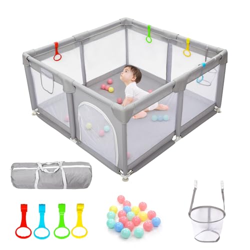 CHOLY Laufstall Baby 128x128cm, Baby Laufstall für Babys und Kleinkinder mit sichtbarem atmungsaktivem Netz Schaumstoffschutz, Extra großer Spielplatz innen und außen (Hellgrau, 128 * 128cm)