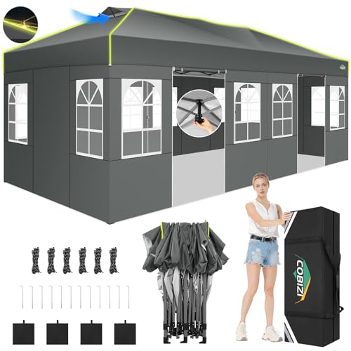 COBIZI Faltpavillon 3x6 Pavillon wasserdicht Winterfest, EIN-Tasten-Zentralverriegelung Partyzelt Faltbar Anti-UV mit Fluoreszierenden Streifen, 6 Seitenwänden, Gartenpavillon für Hochzeiten, Freien