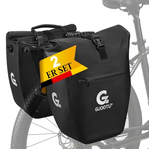 GUOOTU 2 Er Set Fahrradtasche Gepäckträger 48L,aus Tarpaulin Hinten Gepäckträgertasche mit Reflektoren, mit Tragegriff und Schultergurt (Schwarz 24L, 2er Set)