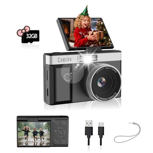 Digitalkamera mit 180° Klappdisplay, 32GB Speicherkarte, 1080P HD Kompaktkamera, Integrierte Lernspiele, Ideal für Digitalkamera Kinder, Jungen, Mädchen(Schwarz)