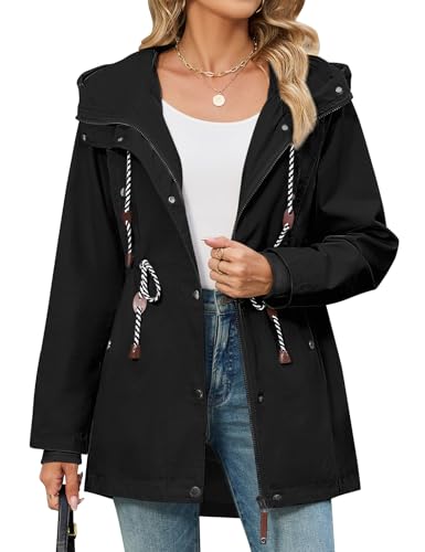 CMTOP Übergangsjacke Damen Casual Hood Übergangsmantel Zip Up Drawstring Mantel Parka Klassische Baumwoll Jacke mit Kapuze Slim Fit Oberbekleidung für Frühling Sommer Herbst(Schwarz, L)