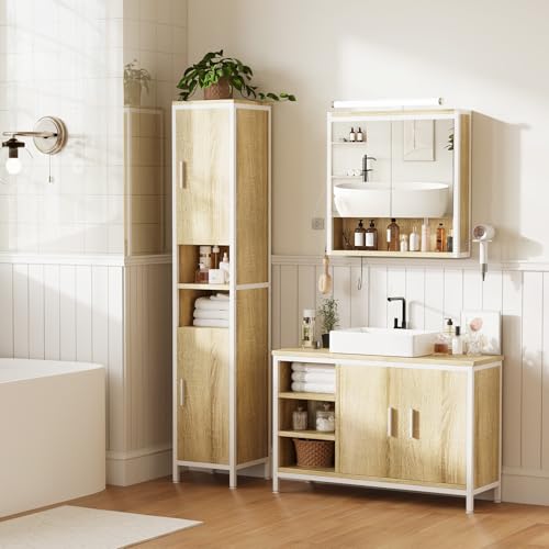ELUCHANG Badmöbel Set 3,Waschbeckenunterschrank und Spiegelschrank Bad mit Beleuchtung und Hochschrank,Verstellbare Ablage Badezimmerschrank Badezimmer,Oak+Weiß