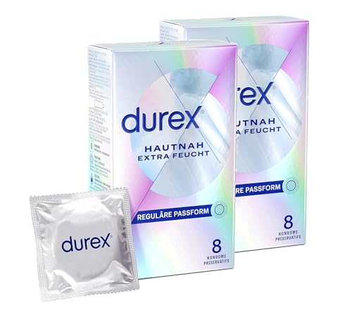 Durex Hautnah Extra Feucht Kondome – Ultra dünn, mit anatomischer Easy-On-Form & mit viel Silikongleitgel befeuchtet – 16er Pack (2 x 8 Stück)