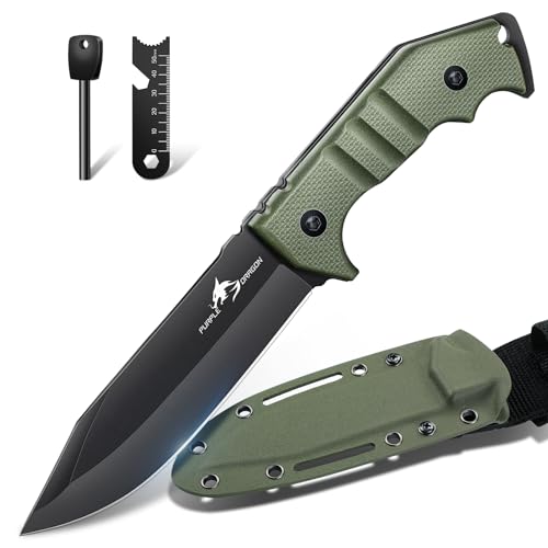 Purple Dragon Survival Messer Feststehende Klinge mit Grüner Kydex Scheide, Full Tang Outdoor Messer aus einem Stück D2 Stahl, G10 Griff für Bushcraft und Camping,Geschenke für Männer