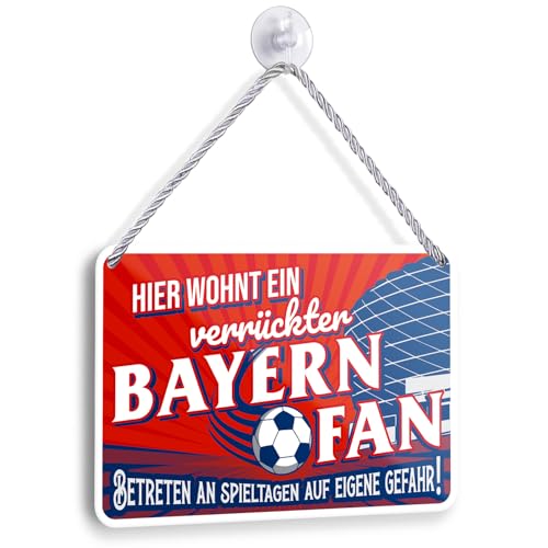 Blechschild Hier wohnt ein Bayern Fan 18x12cm - Fußball Deko Hängeschild - Bayern Fanartikel Wandschild - Geschenk für Fußballfans Rot Weiß (Bayern 3)