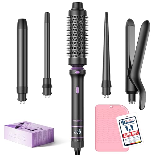 BESTOPE PRO Lockenstab, 5 in 1 Lockenstäbe Set mit Glätteisen, Thermobürste, 3 Keramische Lockeneisen (9mm- 25mm) für Große Locken, 13 Temperaturen, Hair Curler mit Hitzebest.Matte, Handschuh, Schwarz