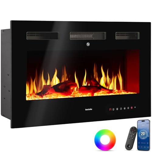 tectake® Elektrokamin Wand, elektrischer Kamin, 2 Heizstufen 900W/1800W, 3D Flammeneffekt, viele Farbeinstellungen, Kamin elektrisch mit Fernbedienung, App Steuerung, Thermostat - 91,5 x 12 x 43 cm