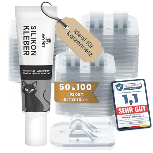 VAYPET® 50 Klebehaken transparent & Silikonkleber [30ml] zur Befestigung vom Katzennetz für Balkon ohne Bohren I Katzennetz ohne Bohren schnell befestigt Dank Stabiler Klebehaken Outdoor wetterfest