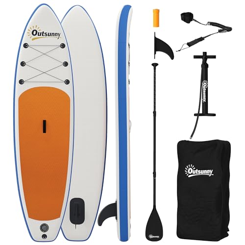 Outsunny Stand Up Paddling Board Set Aufblasbar 305cm SUP Board mit Verstellbares Aluminium-Paddel Abnehmbarer Finne Fußschlaufe rutschfest Deck Rucksack Zubehör, 150kg Paddle Board für Erwachsene