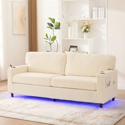 OKimmy Moderner 203CM Breite Sofa für Wohnzimmer, Couch mit Getränkehalter und LED-Licht, 2 Sitzer Sofa, Chenille Ecksofa,Big Sofa Relaxsofa Beige