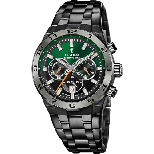 Festina Herren Uhr Analog aus Schwarzem Edelstahl 316L - Quarzwerk - Chronograph - Kalender - Mineralglas mit hoher Widerstandsfähigkeit - Wasserdicht bis 10 ATM F20673/2 Chrono Bike