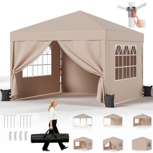 JUMMICO Pavillon 3x3 Wasserdicht Stabil Winterfest Höhe Verstellbar,Faltpavillon mit 4 Seitenwänden,Pavillion UV Schutz 50+,Gartenpavillon Faltzelt für Garten, Innenhof, Camping,Gazebo Beige