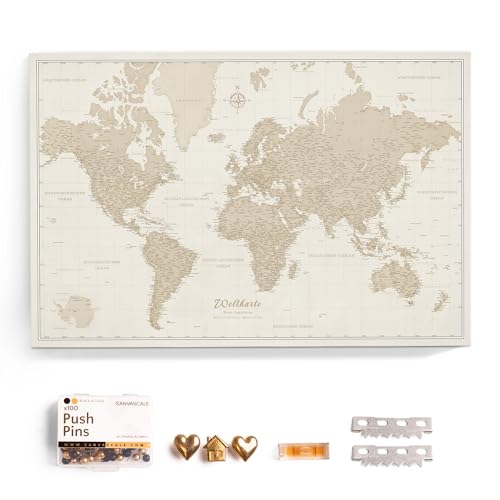 Hochwertige Canvas Weltkarte mit Kork-Pinnwand - Deutsche Beschriftung - Dekorative Wanddeko für alle Zimmer - Leinwandbilder mit Weltkarte Motiv (70x50 cm, Muster 9)