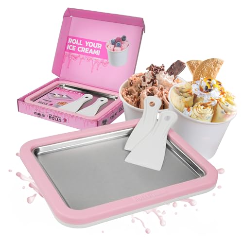 STONELINE by Mr. Ice Cream Rolls ORIGINAL Ice Cream Rolls Maker Eisplatte Rosé 26x21x3,5 cm mit 2 Spateln für Hausgemachte Eiscreme Speiseeis DIY Eisrollen Edelstahlplatte Eis Maschine Sorbet Joghurt…