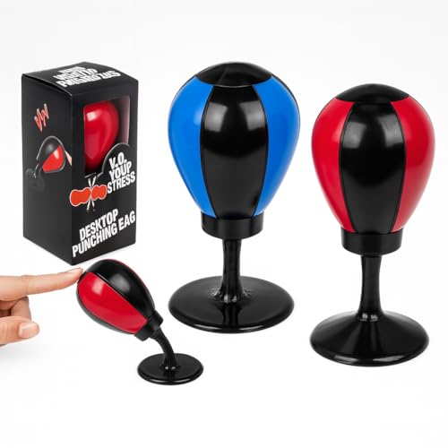 Schreibtisch Boxsack 16 cm – Mini Desktop Punching Ball mit Saugnapf & Metallfeder – Anti-Stress Gadget fürs Büro & Homeoffice – wählbar: zufällige Farbe Rot/Blau oder 2er-Set (1)