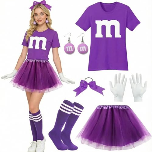 RIRIDAMAI M und M Kostüm Damen Set, M Aufdruck Tshirt Faschingskostüme, GruppenKostüm mit Tutu, Handschuhe, Streifensocken, Haarschleife, Ohrringe, für Karneval,Fasching,Mottoparty