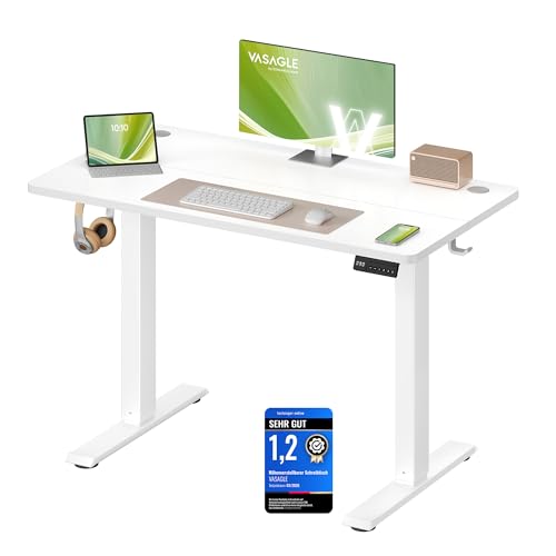 VASAGLE Höhenverstellbarer Schreibtisch, Stehtisch, Computertisch, Erinnerung bei langem Sitzen, Memory-Funktion mit 4 Höhen, für Büro, 100 x 60 cm, wolkenweiß LSD310WZ03