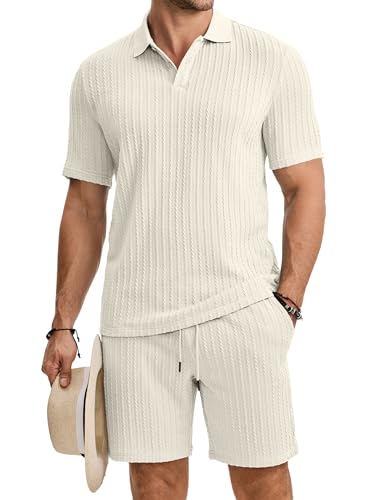 JMIERR Herren Jogginganzug Set Sommer 2 Teiliges Poloshirts Kurzarm Einfarbig Strick mit Kurze Hose Herren mit Elastischer Taille Baggy Freizeitanzug Beige XL