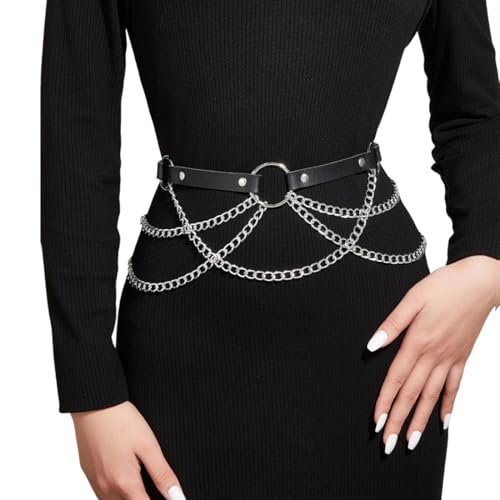 Taillenketten Gothic Gürtel mit Ketten Gothic Leder Körperkette Silber Punk Leder Taillenkette Punk Leder Körperkette