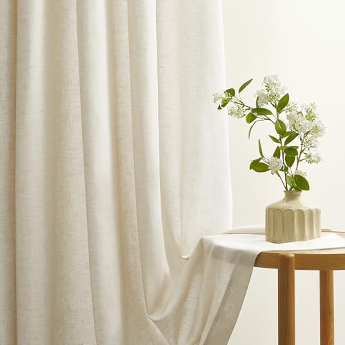 Topfinel Vorhänge Gardinen mit Ösen, Leinen Baumwolle Beige Vorhang 2er Set 225x140cm (HxB), Halbtransparent Leinenoptik Gardine Wohnzimmer Schlafzimmer Curtains Living Room, Boho Style Ösenvorhang