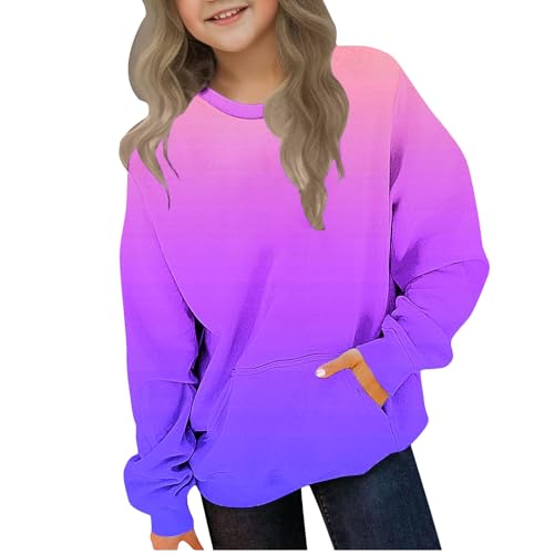 XINYUNZU Mädchen Sweatshirt Freizeit Pullover Ohne Kapuze Casual Oberteile mit Farbverlauf Langarm Freizeitpullover mit Tasche Sweatshirts für Kinder Herbst Winter Lila 140