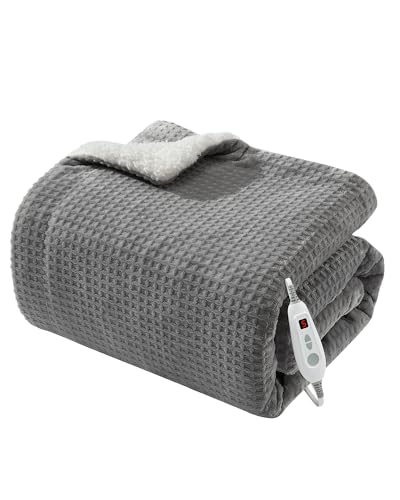 LinTimes Heizdecke mit Abschaltautomatik, Elektrische Wärmedecke mit 6 Heizstufen,10 Stunden Timer, Überhitzungsschutz, Waschbare Heizdecke, Kuschlige Beheizbare Decke in Flannel, 180 x 130cm Grau