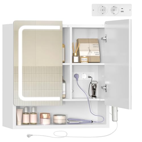 TEENFON Spiegelschrank Bad mit Beleuchtung LED, Badezimmer Spiegelschrank mit Steckdose und Haartrockner-Halter, 3-Fach Farbtemperatursteuerung, verstellbare Ablagen, 60x15x65cm