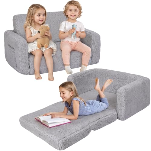 Generisch 2 in 1 Kindersofa Ausklappbar, Extra Breite Kindersessel ab 1 Jahr für Kinderzimmer, Kindercouch mit Abnehmbarem Cover, Weich Kinder Sofa für Mädchen und Jungen, Grau