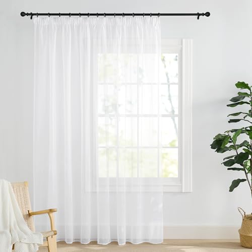 PONY DANCE Wohnzimmer Vorhang mit Kräuselband für Schienen 1er Set H 245 x B 300 cm Extra Breite Gardine Weiß Transparent Voile Sheer Curtains with Rail Hooks for Bedroom