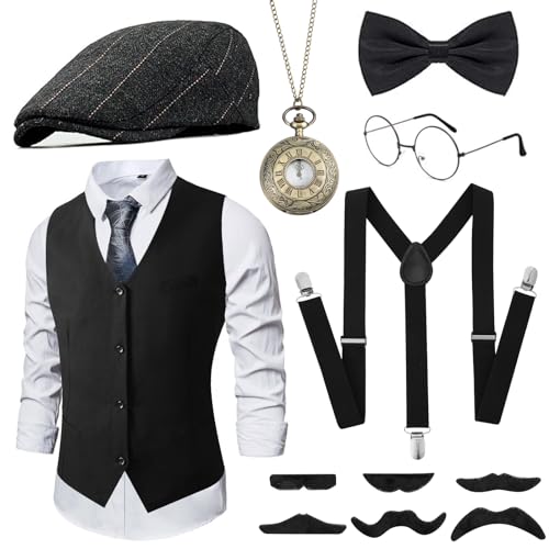 GOKINDOR 20er Jahre Kostüm Herren Accessoires, Peaky Blinders Kostüm Mafia Karneval Kostüm Herren, 20er Jahre Accessoires, Kostüme Kostüm Set Deko(XL)