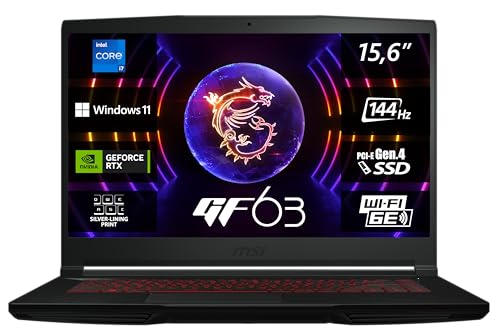 MSI Thin GF63 Gaming Notebook | 39,6 cm (15,6 Zoll) Full-HD 144 Hz | Intel Core i5-12450H | 16GB RAM | 512GB SSD | RTX 4050 6 GB | Windows 11 Home | QWERTZ Tastatur | Schwarz | 12VE-087