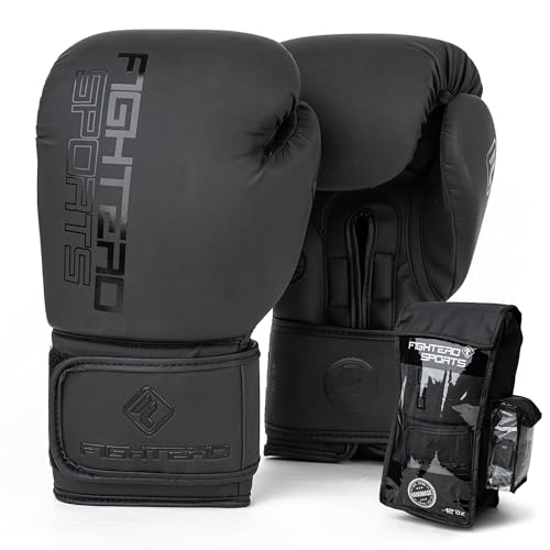 Boxhandschuhe FIGHTERO schwarz matt mit kostenlosen Bandagen und Tasche – Profi Boxhandschuh Set für Training, Kickboxen, Muay Thai & MMA – atmungsaktiv, ergonomisch & robust – 8 oz - 16 oz (12 oz)