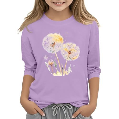 Mädchen Shirt langärmlig Rundhals Oberteile Kleinkind auffälliges Muster Grafik T-Shirt Casual lässige Passform traditioneller Pullover mit Blumen Print modisches Kindershirt (Purple, 10-11Years)