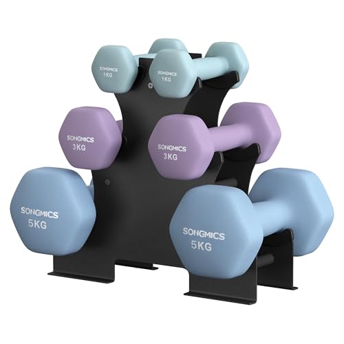 SONGMICS Kurzhantel Set, Hexagon, mit Hantelständer, 2 x 1 kg, 2 x 3 kg, 2 x 5 kg, mattes Finish, Neopren-Beschichtung, Krafttraining, zu Hause, seeblau, königsviolett und blassblau SYL618PZ02
