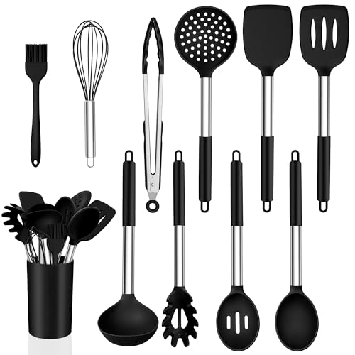 Küchenhelfer Set, Onader 11 Stück Silikon Küchenutensilien Kochbesteck Set mit Edelstahlgriff, Antihaft Kochutensilien Set für Kochen und Backen, Hitzebeständiger & Spülmaschinenfest, Schwarz