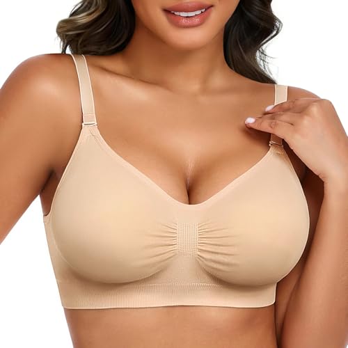 Niwicee BH Damen Ohne Bügel Ultrakomfortabler Bra Bügelloser T-Shirt BH für Alltag & Schlaf Vollständiger Abdeckung mit Herausnehmbaren Polstern und Verstellbaren Trägern BHS (Beige, M)