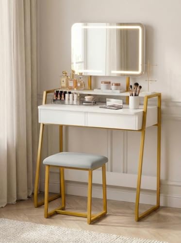 Mondeer Frisier Schminktisch mit Hocker für Schlafzimmer/Schminkbereich, Metall/E1-Spanplatte, LED Spiegel, 3 Lichtfarben, 2-Fach verstellbar, 2 Schubladen, 1 offenes Fach - Weiß/Gold 84 x 43 x 142cm