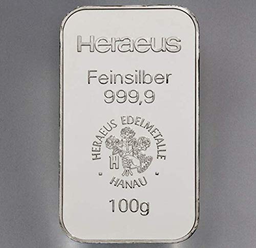 Silberbarren (Reinheit 999/1000) von 100 Gramm, geprägt in einer renommierten deutschen Edelmetallraffinerie.