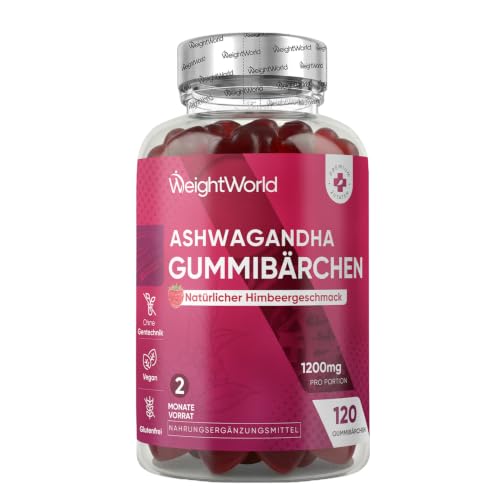 Ashwagandha Gummies - 1200 mg pro Portion - 120 Vegane Gummibärchen - 2 Monate Vorrat - Natürlicher Himbeergeschmack - Täglich 2 Gummibärchen - Withania Somnifera - WeightWorld