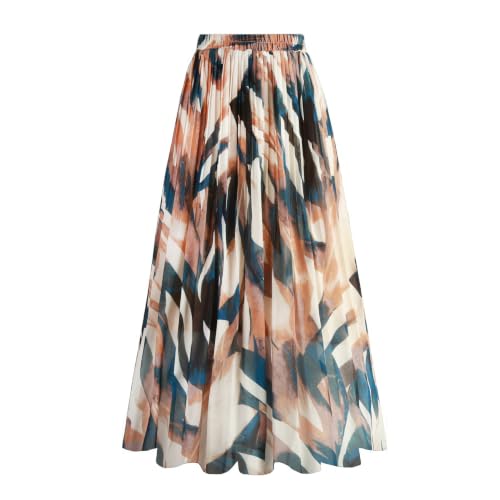 OBBUE Damen Casual Chiffon Röcke Elastische Taille A-Linie Midi Rock Blue Leaf XL