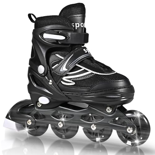 LIRENGUI Einstellbare Kinder Inline Skates für Jungen Mädchen, Schwarz Weiß 4-Rollen Inline Skates für Jugendliche & Erwachsene mit leuchtenden Rädern für drinnen draußen Sport Freizeit, Large