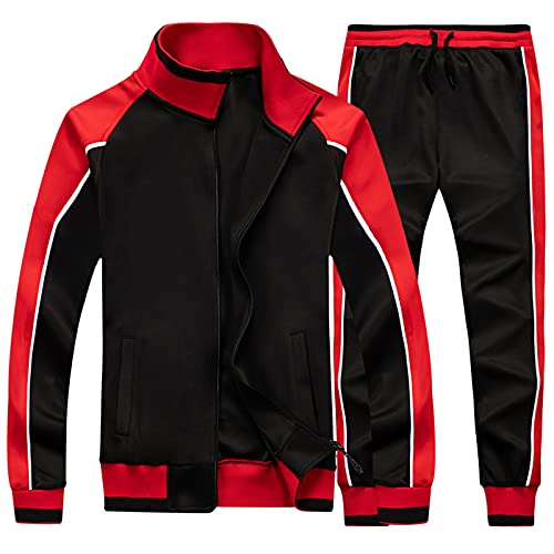 amropi Herren Trainingsanzug Jogginganzug Sportanzug Sweatjacke und Sportshose Sportbekleidung Schwarz Rot,M