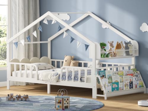 Kinderbett 90x200 cm, Hausbett mit Rausfallschutz (30cm) & Lattenrost, Weiß